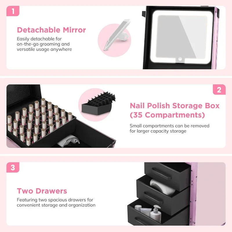 Rolling Portable Manicure Table With 3 Drawers, Mirror & Nail Polish Organizer |Lockable Foldable Case