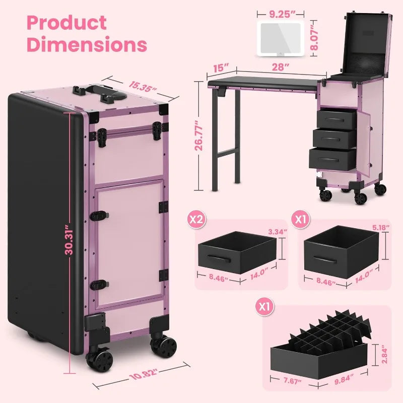 Rolling Portable Manicure Table With 3 Drawers, Mirror & Nail Polish Organizer |Lockable Foldable Case