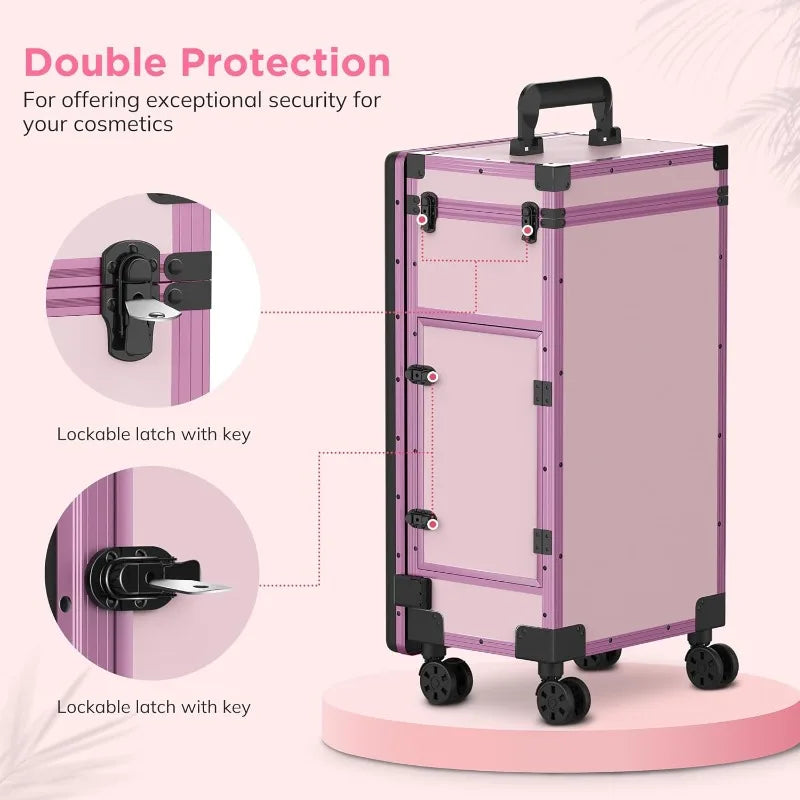Rolling Portable Manicure Table With 3 Drawers, Mirror & Nail Polish Organizer |Lockable Foldable Case