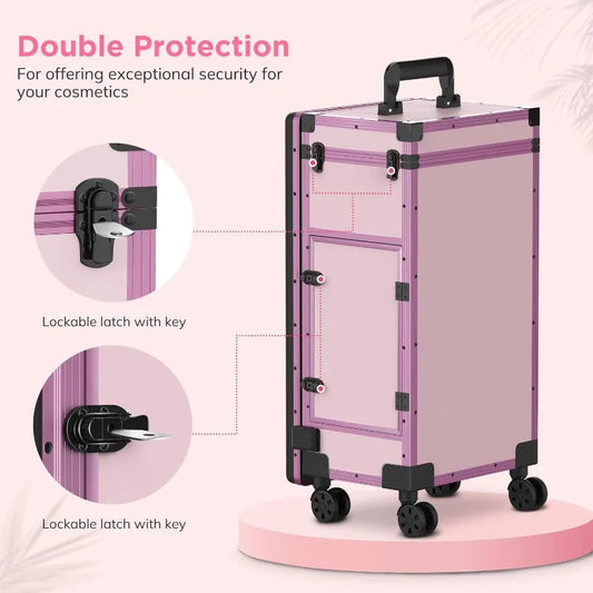 Rolling Portable Manicure Table With 3 Drawers, Mirror & Nail Polish Organizer |Lockable Foldable Case