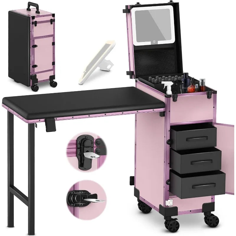 Rolling Portable Manicure Table With 3 Drawers, Mirror & Nail Polish Organizer |Lockable Foldable Case