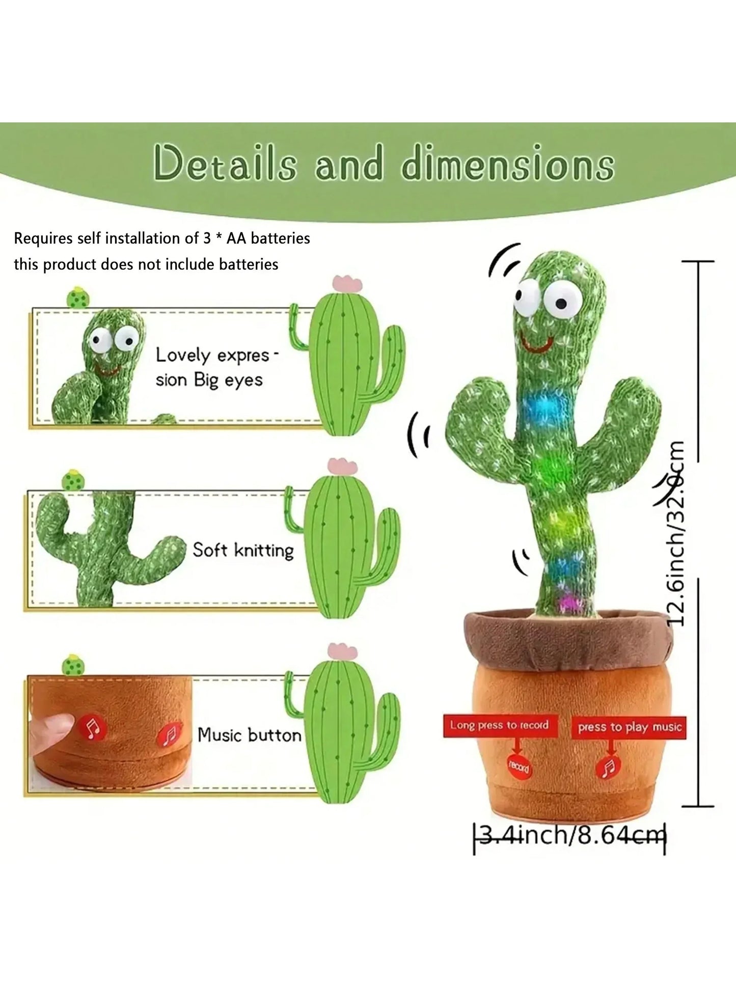 Talking Cactus Toy That Can Be Charged Recorded and Repeated. Suitable for Spanish English and Arabic Voice Changer