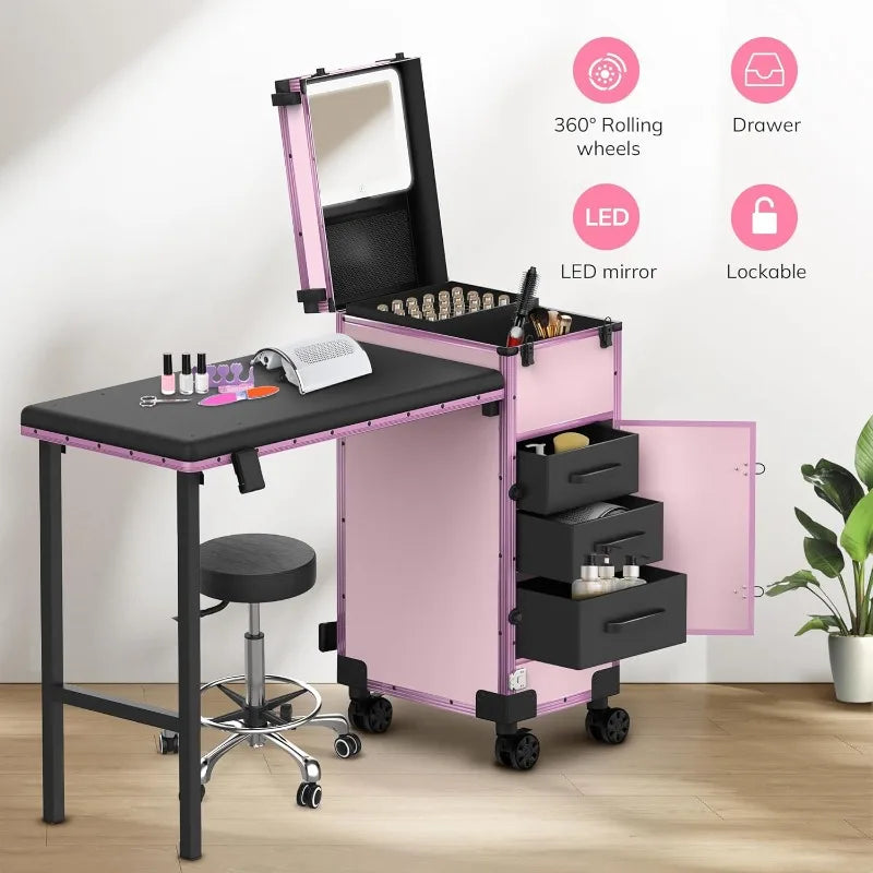 Rolling Portable Manicure Table With 3 Drawers, Mirror & Nail Polish Organizer |Lockable Foldable Case