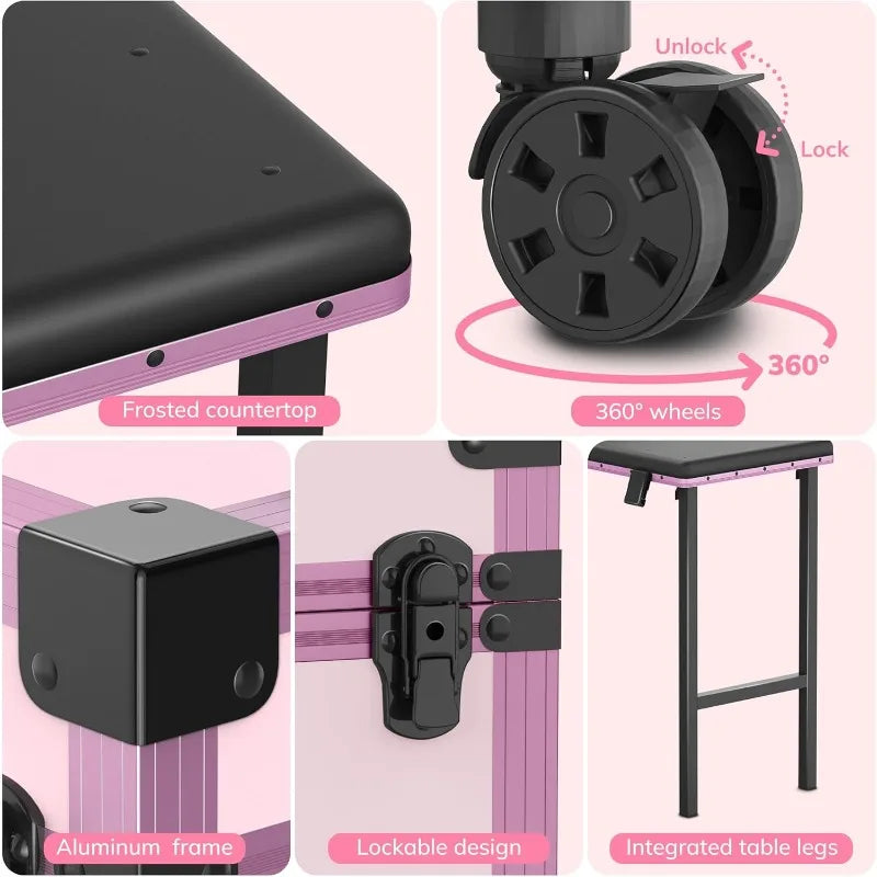 Rolling Portable Manicure Table With 3 Drawers, Mirror & Nail Polish Organizer |Lockable Foldable Case