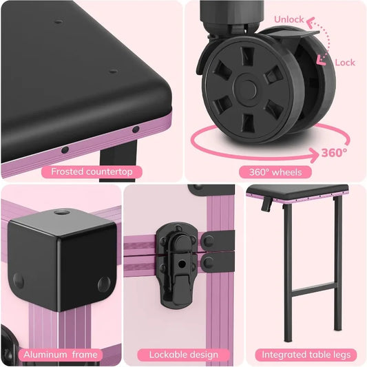 Rolling Portable Manicure Table With 3 Drawers, Mirror & Nail Polish Organizer |Lockable Foldable Case