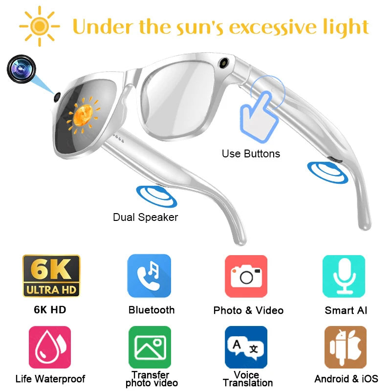 6K HD AI Smart Camera Glasses | Photochromic | Multifunction Bluetooth| Calling | Voice Assistant | Music Player | Translate