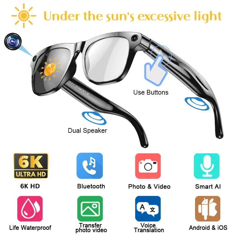 6K HD AI Smart Camera Glasses | Photochromic | Multifunction Bluetooth| Calling | Voice Assistant | Music Player | Translate
